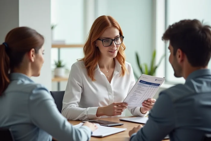 Conseillère en assurance auto présentant des options de couverture à un couple dans une agence moderne