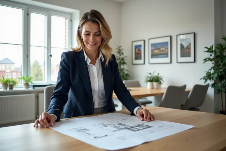 Femme professionnelle de l'immobilier étudiant des plans architecturaux dans une agence moderne avec vue sur la ville