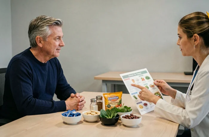 Patient discutant avec un professionnel de santé des aliments à privilégier et à éviter pendant un traitement à la cortisone