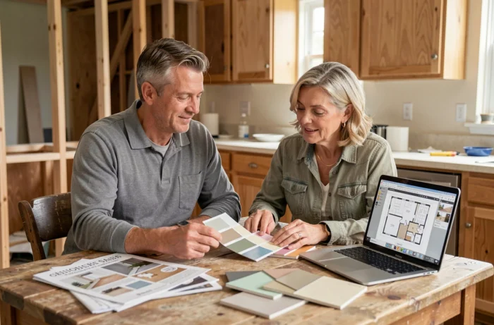 Couple de propriétaires consultant des échantillons de peinture et des catalogues pour planifier leurs travaux de rénovation