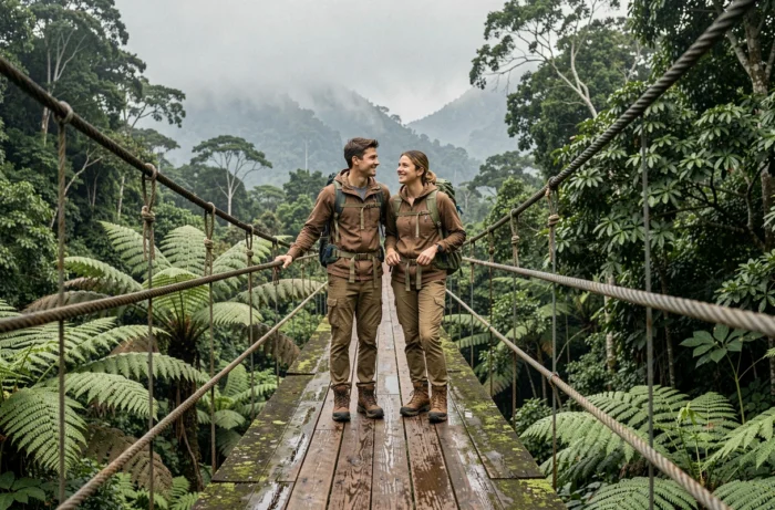 Couple de voyageurs souriant sur un pont suspendu au-dessus d'une canopée de jungle en Asie du Sud-Est