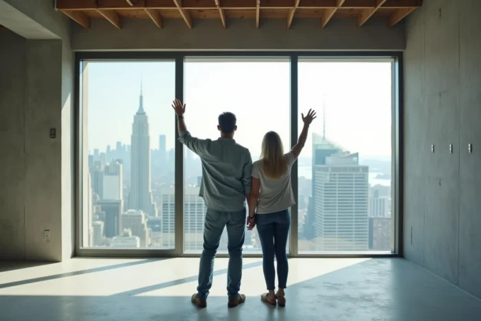 Couple visitant un appartement neuf avec vue sur la ville, opportunité d'achat immobilier
