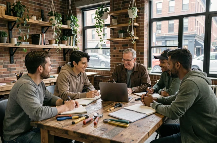 Groupe de professionnels partageant des ressources dans un espace de coworking, illustrant la collaboration et l'économie du partage