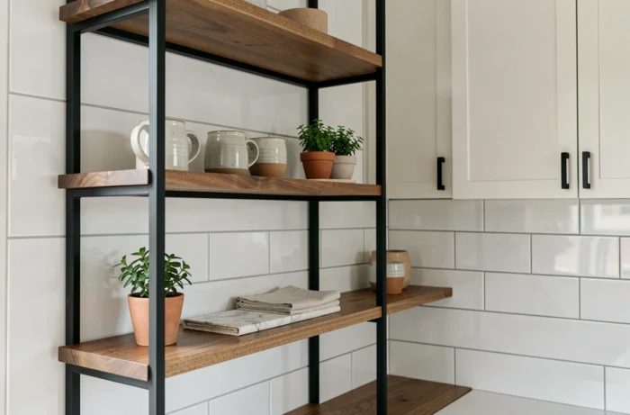 Étagères ouvertes en acier et noyer dans une cuisine moderne au style Japandi, décorées de céramiques artisanales et d'herbes aromatiques en pot