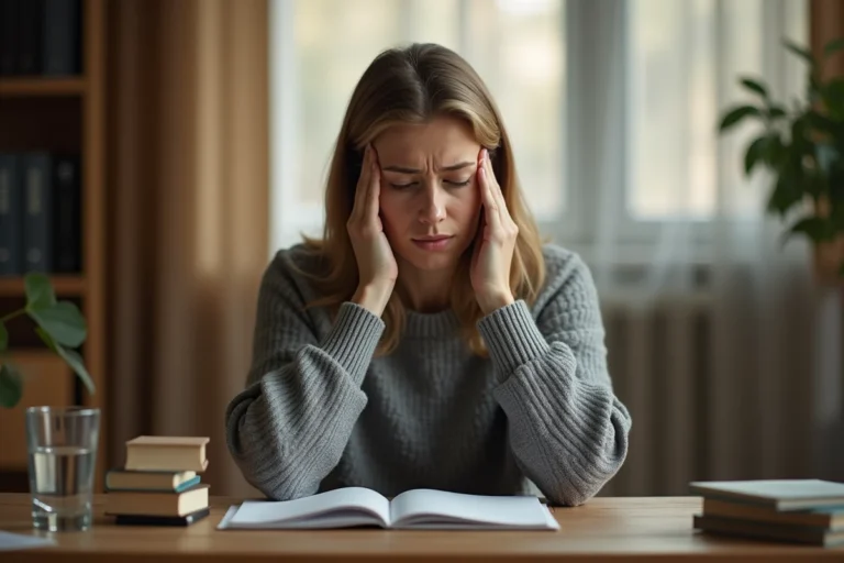 Femme souffrant de décharges électriques dans la tête, assise à son bureau les mains sur les tempes