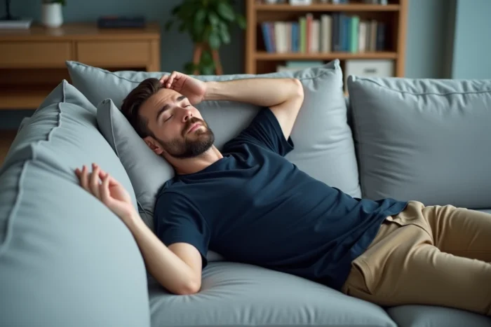 Homme allongé sur un canapé souffrant de sensations électriques dans la tête et de fatigue