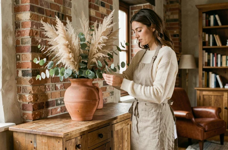Femme arrangeant une décoration naturelle avec herbes de la pampa et branches d'eucalyptus dans un salon au style bohème chic avec mur en brique apparente