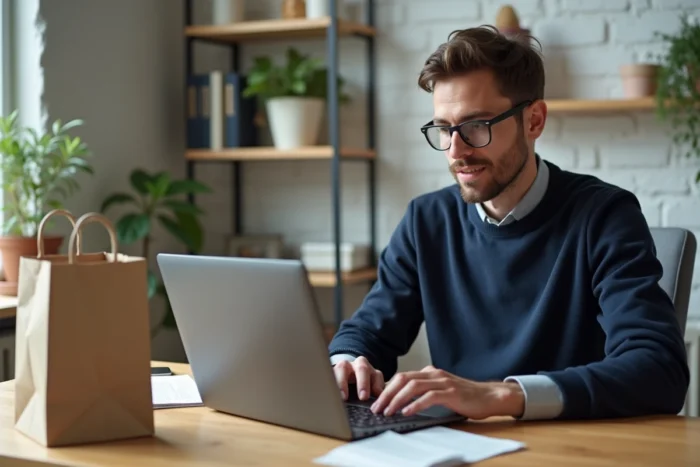 Homme effectuant une demande de réduction Zara en ligne depuis son bureau à domicile avec un reçu et un sac Zara
