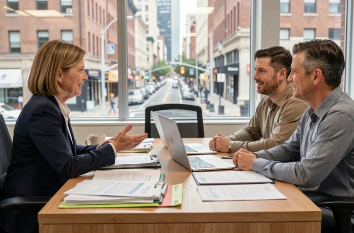 Assistante sociale expliquant les démarches administratives de l'adoption à un couple dans un bureau professionnel, ressources et documents visibles sur la table
