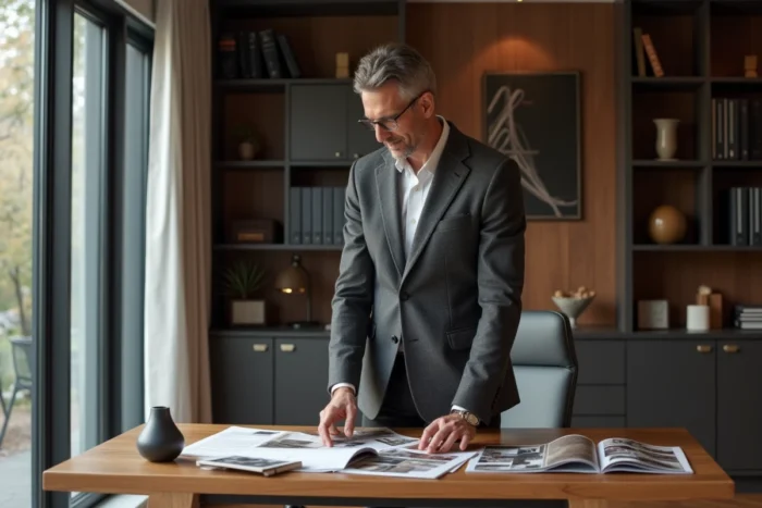 Designer d'intérieur masculin comparant des échantillons de mobilier sur mesure et des catalogues de mobilier prêt à l'emploi dans un bureau privatif