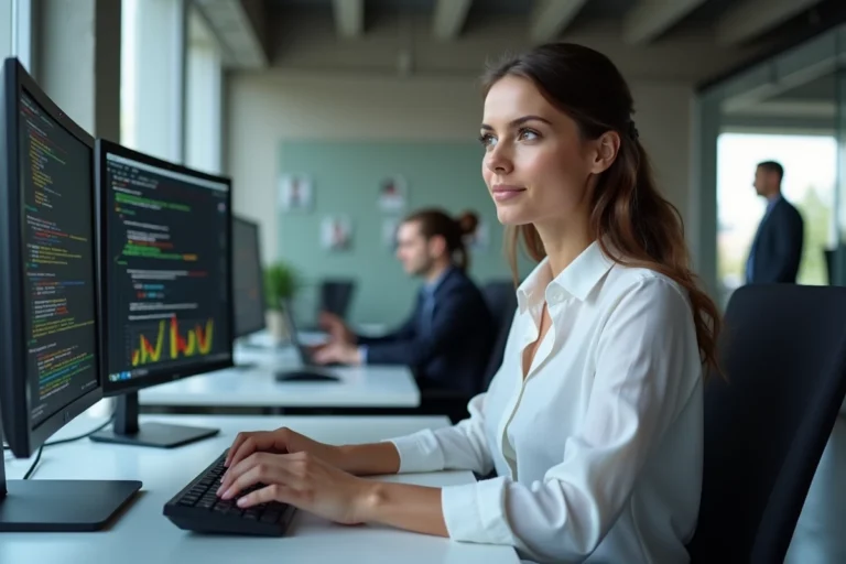 Développeuse informatique travaillant sur des tableaux de bord de données dans un bureau technologique moderne