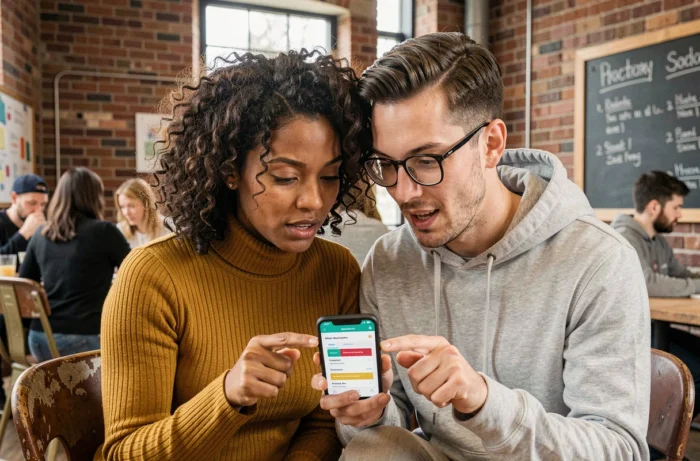 Deux collègues discutant du choix d'une plateforme de streaming sur smartphone dans un espace de coworking