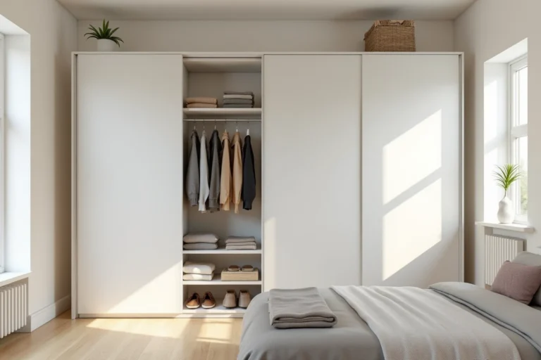 Dressing blanc Brico Dépôt installé dans un coin de chambre moderne avec parquet chêne clair et rangements bien organisés