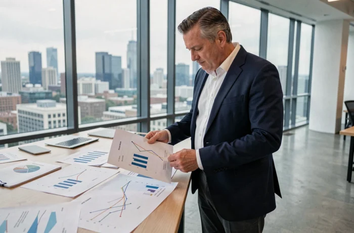 Économiste en costume analysant des graphiques de croissance économique extensive et intensive dans un bureau moderne avec vue sur la ville