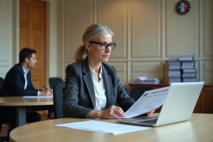 Élue municipale française consultant un document PLU lors d'une réunion en mairie