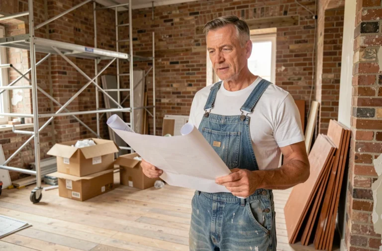 Entrepreneur en bâtiment tenant des plans architecturaux dans une pièce en cours de rénovation avec murs en briques apparentes