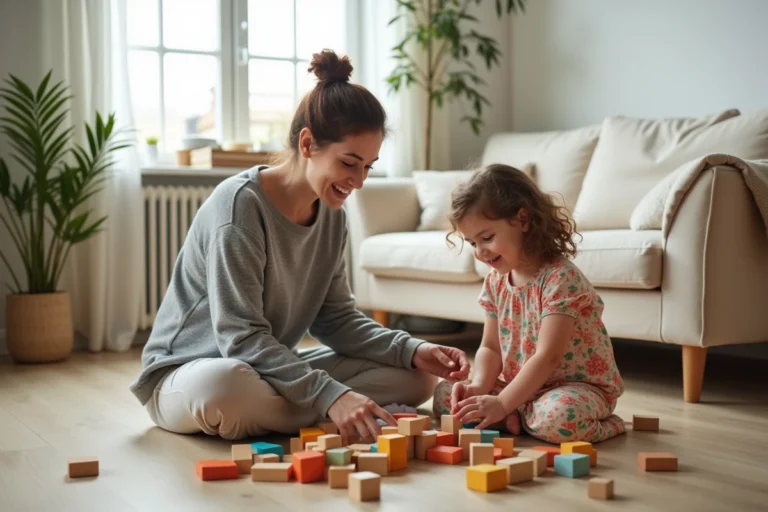 Mère et jeune fille construisant ensemble des blocs en bois colorés sur un parquet chaleureux, moment de complicité et d'épanouissement au quotidien