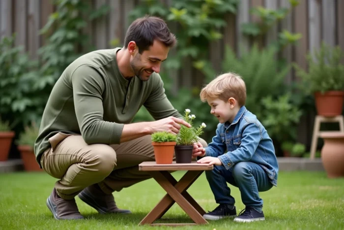 Père et fils explorant ensemble une plante en pot dans le jardin, encourageant la curiosité et l'apprentissage par la nature chez l'enfant
