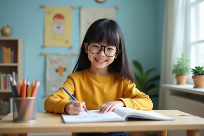 Jeune fille concentrée dessinant dans son carnet de croquis dans une chambre bien organisée, favorisant la créativité et l'épanouissement personnel de l'enfant