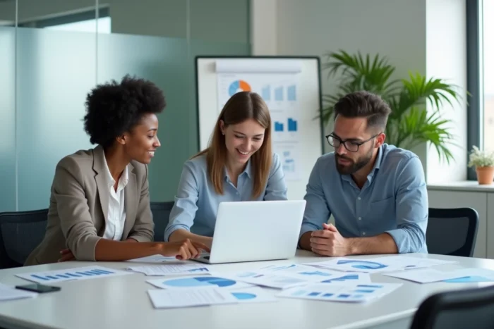 Équipe de professionnels analysant des rapports et des tableaux de bord numériques en réunion pour évaluer un service tel que Critelab