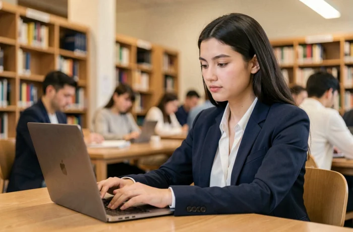 Étudiante de l'ESSEC se connectant à l'intranet universitaire sur son ordinateur portable dans une bibliothèque moderne