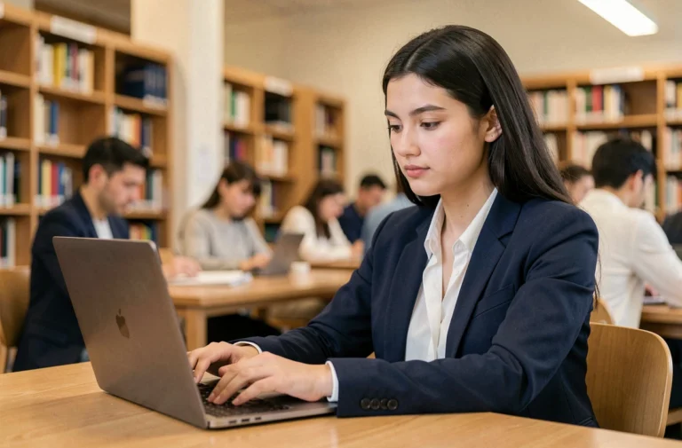 Étudiante de l'ESSEC se connectant à l'intranet universitaire sur son ordinateur portable dans une bibliothèque moderne
