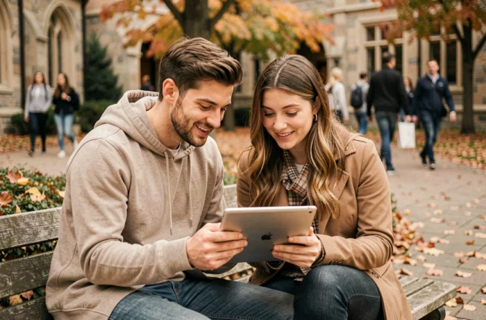 Deux étudiants de l'ESSEC consultant l'intranet sur une tablette dans la cour du campus en automne