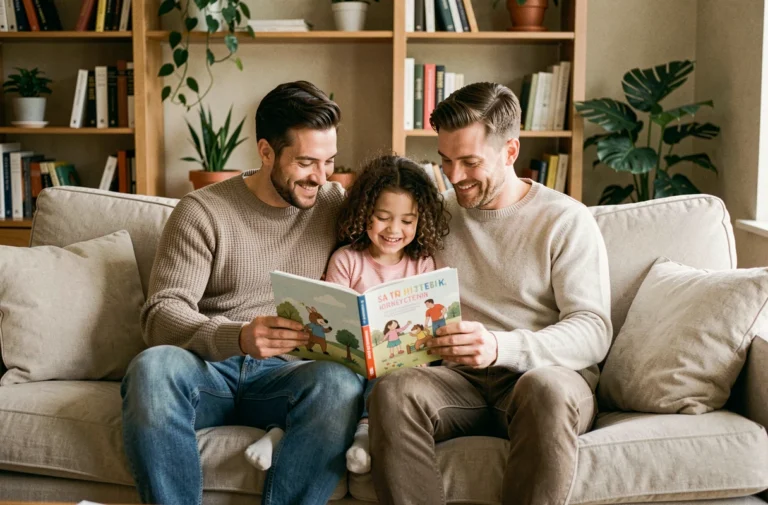 Famille heureuse composée de deux parents adoptifs et d'une petite fille lisant ensemble dans un salon chaleureux, illustrant le bonheur de l'adoption