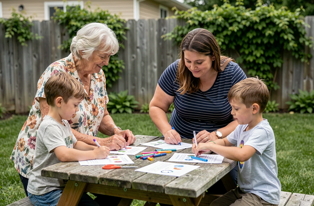 Famille multigénérationnelle réunissant grand-mère, mère et enfants autour d'activités organisées dans un jardin suburban