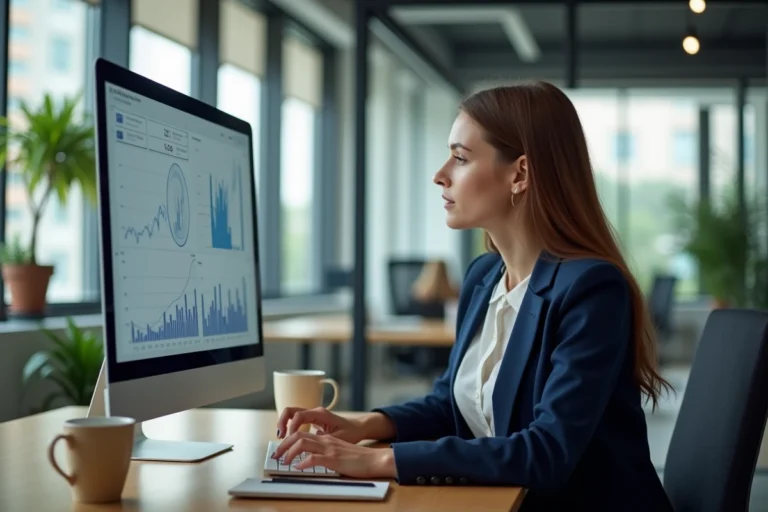 Femme analysant des données sur un écran d'ordinateur dans un bureau moderne pour évaluer une plateforme comme Critelab