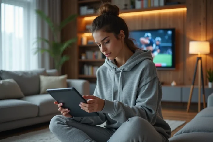 Femme consultant une application d'actualités sportives en temps réel sur tablette dans un salon moderne