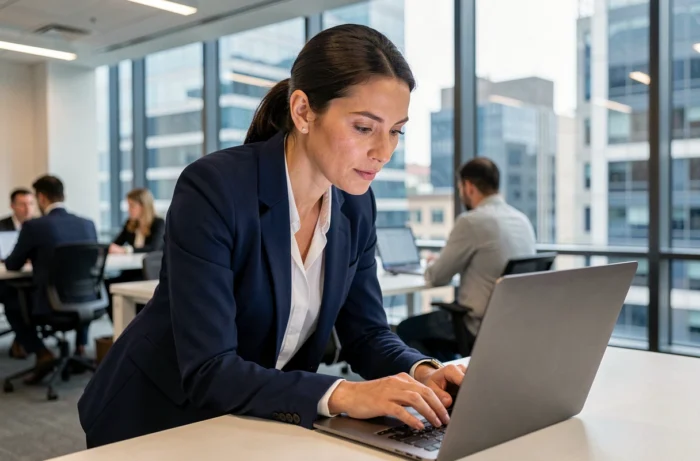 Femme professionnelle lisant l'actualité en temps réel sur son ordinateur portable dans un bureau moderne