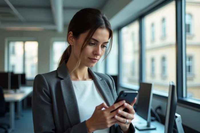 Femme d'affaires à Lyon regardant un numéro de téléphone avec indicatif 04 sur son smartphone