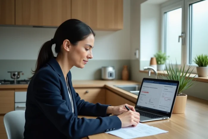 Femme comparant des offres d'assurance auto sur ordinateur portable à la maison avec des documents imprimés