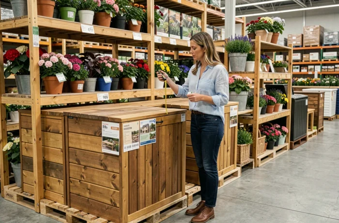 Femme comparant deux coffres de jardin en bois dans un magasin de bricolage avec mètre ruban en main