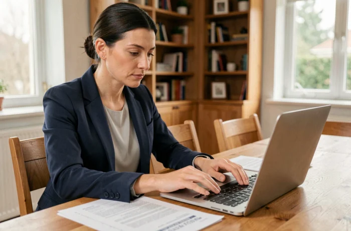Femme consultant des documents de crédit et un ordinateur portable à une table en bois chez elle