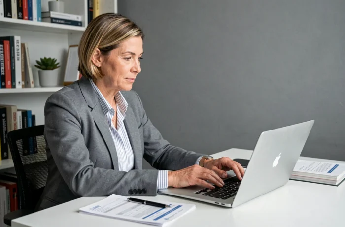 Femme consultant une facture ADMR en ligne sur son ordinateur portable dans un bureau à domicile
