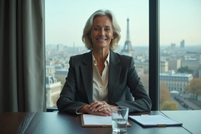 Femme dirigeante du CAC 40 en réunion dans une salle de conseil avec vue sur Paris, portrait de leader d'entreprise française