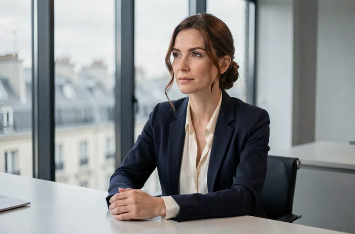 Femme élégante aux cheveux châtains dans un bureau moderne parisien, illustrant le profil d'une personnalité médiatique française