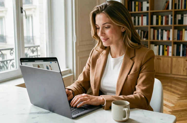 Femme élégante parcourant les catégories mode sur un site de tendances depuis son appartement parisien