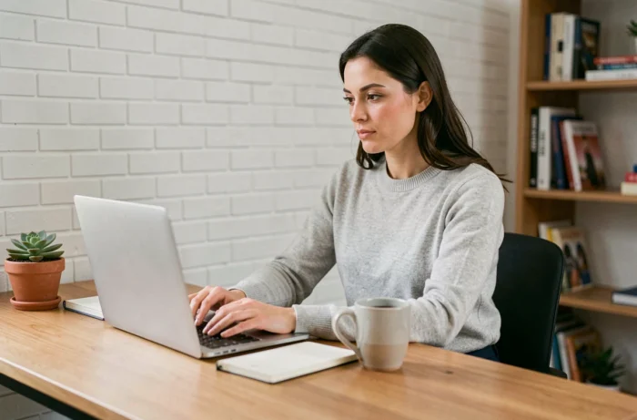 Femme entrepreneur travaillant sur son ordinateur portable dans un bureau à domicile moderne pour développer son activité en ligne