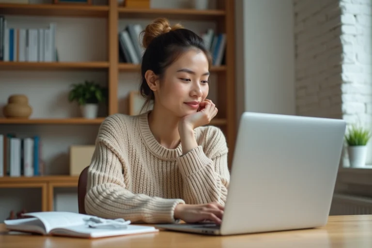 Femme entrepreneur en formation en ligne choisissant un cours d'entrepreneuriat sur son ordinateur portable dans un bureau à domicile
