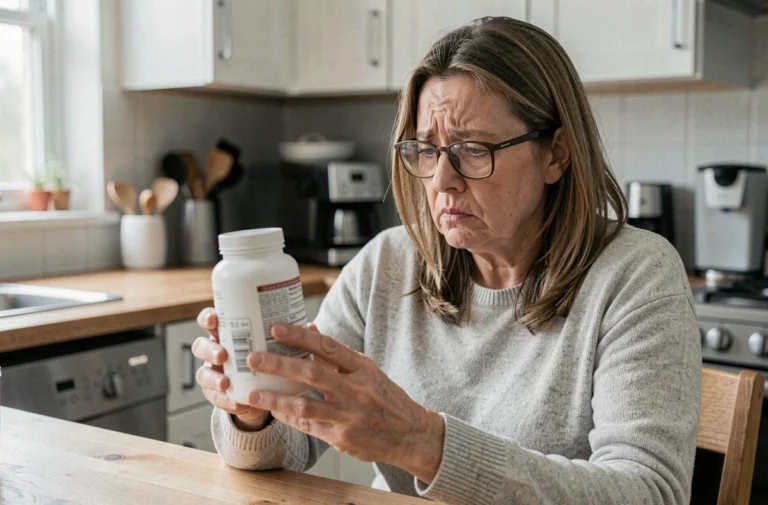 Femme d'âge moyen lisant attentivement l'étiquette d'un complément alimentaire Synapsyl avec une expression préoccupée