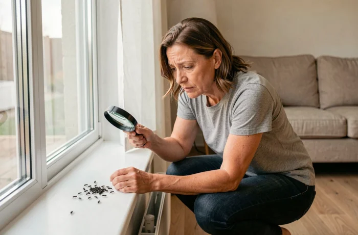 Femme inspectant des petits insectes noirs sur le rebord d'une fenêtre avec une loupe