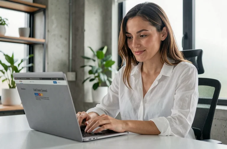 Femme parcourant des articles tech et innovation sur un ordinateur portable dans un bureau moderne et épuré