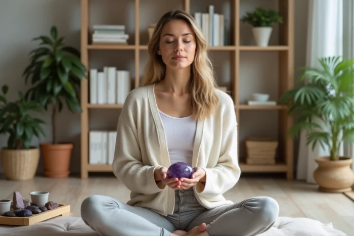 Femme en méditation tenant une améthyste dans les mains pour soulager l'anxiété dans un salon minimaliste