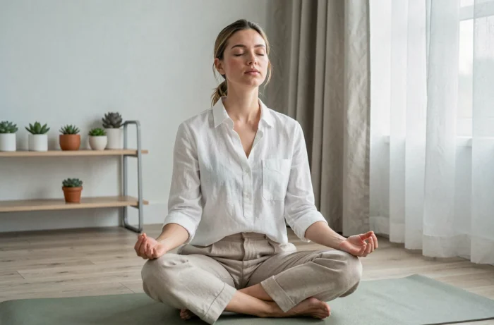 Femme pratiquant la méditation et la respiration consciente sur un tapis de yoga pour soutenir une perte de poids saine