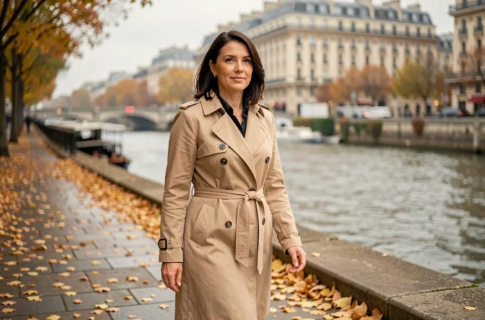 Femme parisienne en manteau beige se promenant le long de la Seine en automne, symbole de l'élégance française contemporaine