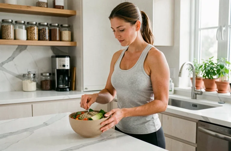 Femme préparant un bol de salade saine et colorée dans une cuisine moderne pour perdre du poids naturellement