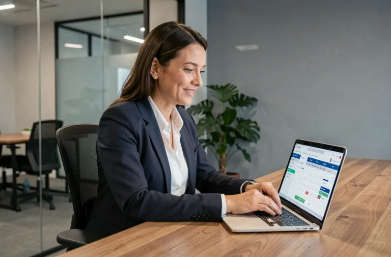 Femme professionnelle accédant à une plateforme de gestion de rendez-vous en ligne depuis son bureau